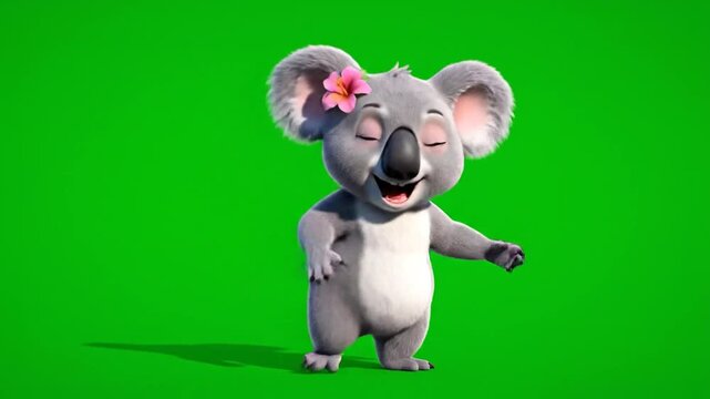 Happy Cartoon Koala with Pink Flower on Green Screen, Eyes Closed and Smiling