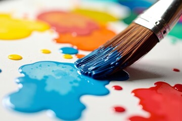 Obraz premium Vivid paint splatters on canvas with brush in motion captured up close.