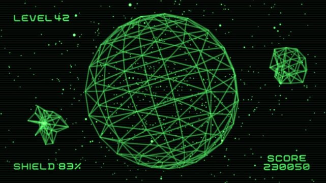 A retro motion graphics animation scene of an asteroid-type game with CRT scanlines and a green vector-style wireframe planet with floating and moving asteroid shapes around it