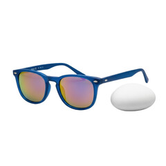 Fototapeta premium Vibrant blue modern sunglasses with reflective lenses mirroring orange/purple hues, next to a smooth white beach pebble, isolated on a clean transparent studio background. Commercial product