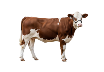 Young Simmental/Hereford cow, brown & white coat, white ID tag, standing in a professional studio with transparent background, commercial product photography concept.