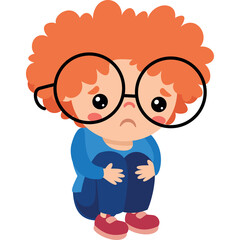 Sad Boy With Curly Red Hair Wearing Glasses Crouching Down With Knees Pulled To Chest In A Blue Shirt And Jeans On A Transparent Background