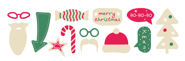 A collection of festive Christmas photo booth props including santa beard, mustache, candy and speech bubbles for holiday party decoration.