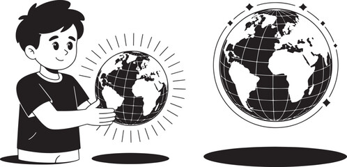 Boy with Earth planet globe vector. Education environment future energy illustration