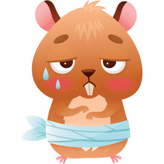 Sad Brown Hamster With Bandage On Its Belly And Blue Sweat Drops On Its Cheeks Looking Sick With Tired Eyes And Pink Ears and Blush On Cheeks