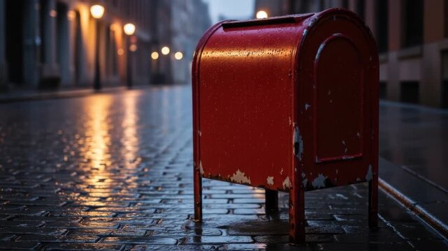 Worn red mailbox sits on a wet, glistening city street at twilight