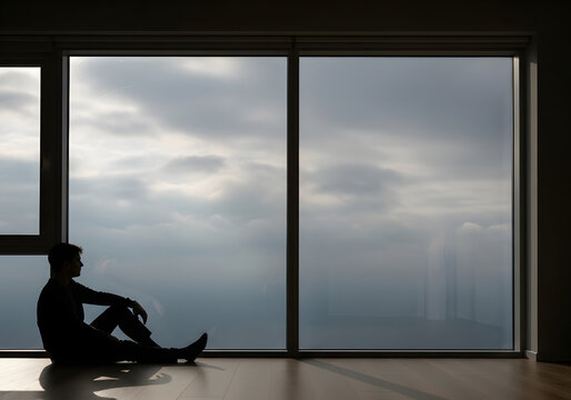 Silhouette of person contemplating view from large window