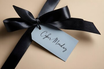 Elegant dark navy ribbon tied in a bow with a handwritten gift tag attached to a light colored surface