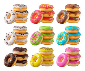 Assorted donuts with colorful icing, sprinkles, and chocolate isolated on white transparent background