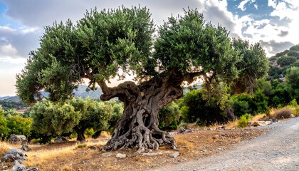 A majestic, gnarled olive tree stands prominently in a sunlit landscape, its branches expansive