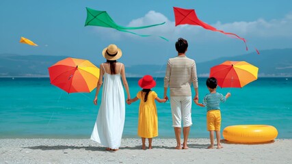 Family enjoying a sunny beach day, holding colorful umbrellas and flying kites, with vibrant ocean backdrop, camera follows the joyful scene, capturing the essence of summer fun and togetherness