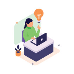 Businesswoman working on laptop with a glowing idea bulb, creative idea isometric illustration