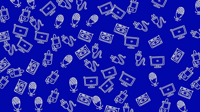 Technology media doodle seamless looping pattern animation with digital device and communication icons on blue background