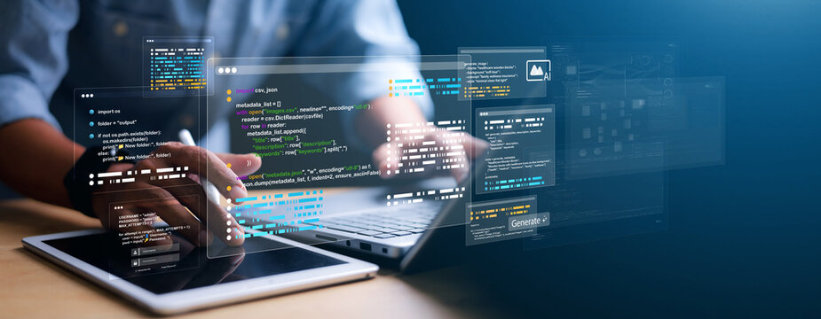 AI developer coding on laptop and tablet with virtual interface, data visualization, and programming code. Concept of artificial intelligence, software development, and innovation.