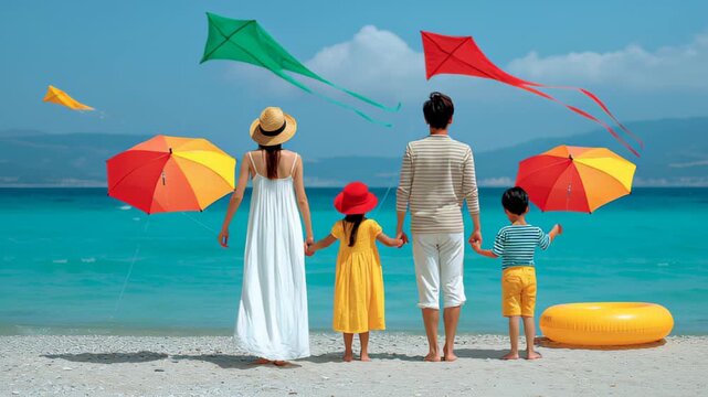 Family enjoying a sunny beach day, holding colorful umbrellas while watching kites soar in the sky, with a gradual zoom in capturing the joyful atmosphere and vibrant colors of the scene