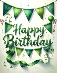 Green birthday greeting card design with bunting and ribbon flourishes
