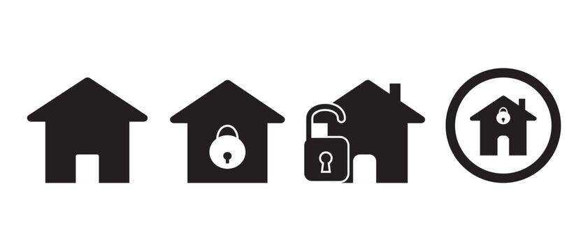 Collection home icons. House symbol. Set of real estate objects and houses black icons isolated on white background. Vector illustration.