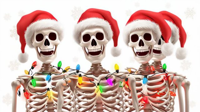 Three cheerful skeletons adorned with Santa hats and colorful Christmas lights, progressively shifting closer together, creating a festive atmosphere, camera zooms in on joyful expressions and decorat