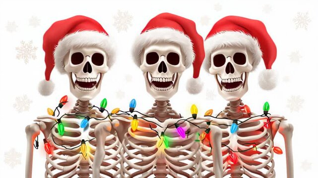 Three festive skeletons adorned with Santa hats and colorful Christmas lights, joyfully posing against a snowy backdrop, showcasing a playful holiday spirit, camera captures the cheerful scene
