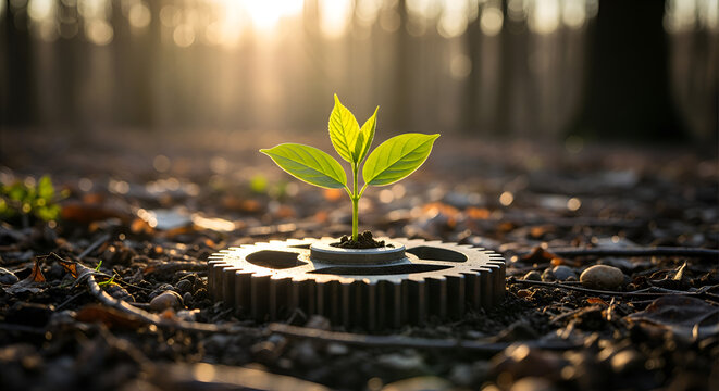 Plant growing in gear concept new life sprout ecology nature growth innovation idea