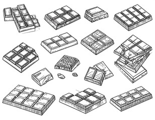 Hand-drawn sketch of various chocolate bars and pieces