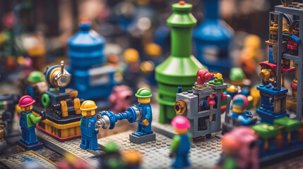 Fototapeta premium factory assembly line, toy-like workers assembling machines