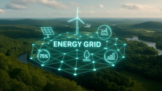 Digital Energy Grid Network Visualized with Renewable Icons Over Forest Landscape
