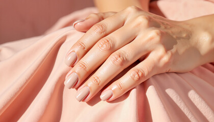 Close-up of matte nude nails on soft fabric, elegant comfort