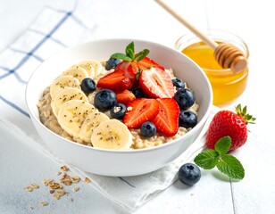 Healthy oatmeal bowl topped with fresh fruit and honey