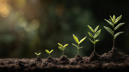Seedling are growing from soil with growth comparative year 2019 to 2026. Concept of business growth, profit, agriculture, development