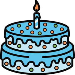 Two tier blue birthday cake with lit candle and sprinkles celebration dessert icon isolated on transparent background