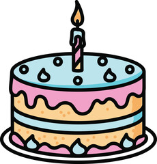 Festive birthday cake with single candle and colorful frosting celebration dessert food art isolated on transparent background