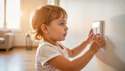 Curious toddler pressing light switch in modern apartment, discovery