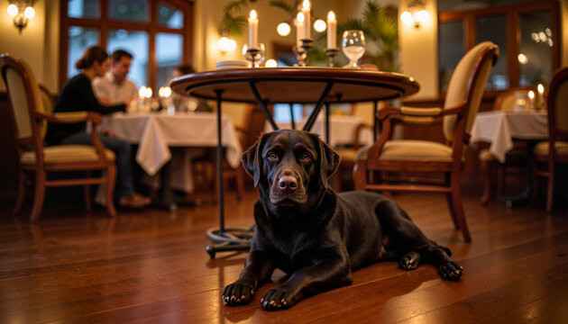 Relaxed black Labrador resting under vintage restaurant table, cozy ambiance
