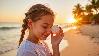 Child listening to shell by tropical beach at sunset, childhood wonder