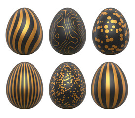 Elegant black eggs with gold patterns, isolated on white transparent background.