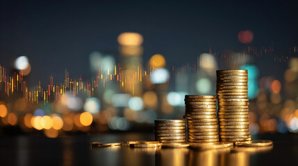 Financial investment concept, Double exposure of city night and stack of coins for finance investor, Forex trading candlestick chart, Cryptocurrency Digital economy.