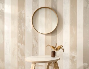 Interior scene with round mirror, vase, and table against striped wall