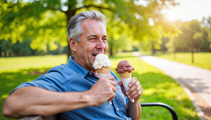 Fototapeta premium Man enjoying ice cream on park bench, serene summer day