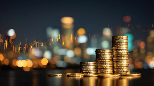 Financial investment concept, Double exposure of city night and stack of coins for finance investor, Forex trading candlestick chart, Cryptocurrency Digital economy.
