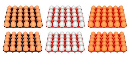 Plastic trays filled with neatly stacked brown and white eggs, isolated on white transparent background.
