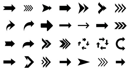 Collection of various arrow designs pointing right, in black and white.