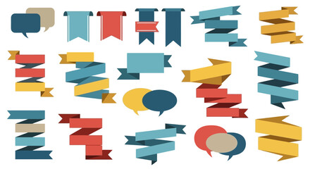 A collection of colorful vector ribbons and speech bubbles in various shapes and designs, perfect for adding visual interest to any project.
