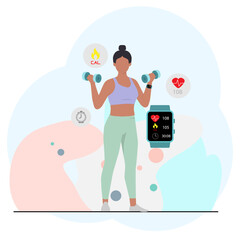 Flat vector of woman meditating in tree pose, Flat vector illustration of a woman exercising with dumbbells while tracking health data using a smartwatch. Modern pastel color palette