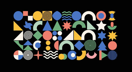 Geometric shapes in a colorful and playful arrangement on a black background.