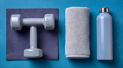 Stylish Workout Gear with Dumbbell, Towel, and Bottle, Fitness Essentials for a Quick Workout Session, Wellness Flatlay with Dumbbell, Towel, and Hydration Bottle