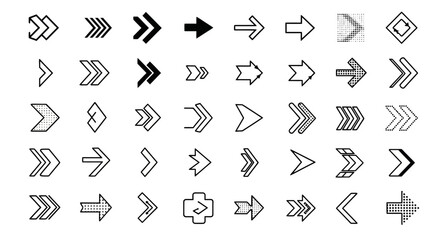 Collection of various arrow designs, pointing right, in black and white, showcasing different styles and thicknesses.