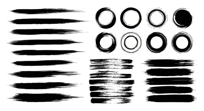 Collection of black brush strokes and circles on a white background.
