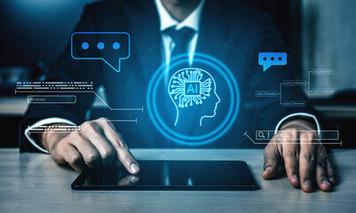 AI neural head with data connections and speech bubbles symbolizing smart data generation, learning, and analysis Parse