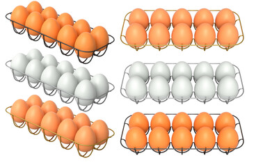 Metal trays filled with neatly stacked white and brown eggs, isolated on white transparent background.